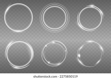 Set of light effect twirl, white trail wave. Curve light effect of white line. Luminous white circle.