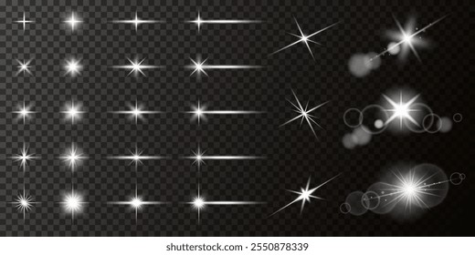 Set of light effects. Abstract glow, beam, spark, line, shine, radiance, flash, fireworks. Reflection of camera light, sunlight from the lens. Realistic glare, explosion, line, comet, stars in space