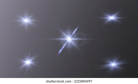 Set of light effects blue glowing light isolated on transparent background. Solar flare with rays and glare. Glow effect. Starburst with shimmering sparkles.
