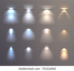 Set of light effects of blue and yellow color on brick wall background isolated vector illustration