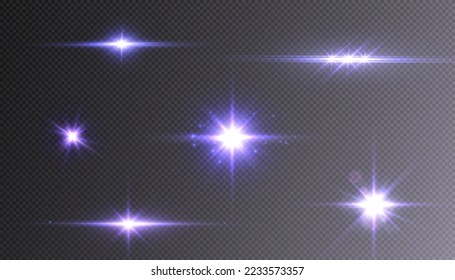 Set of light effects bright glowing light isolated on transparent background. Solar flare with rays and glare. Glow effect. Starburst with shimmering sparkles.	
