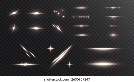 Set of light effects bright glowing light. Bright flashes of glare, refraction of light, laser lines. Vector