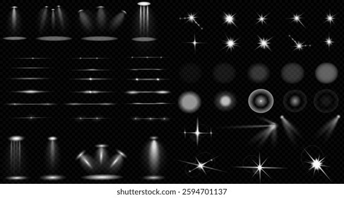 Set of light effects effect, beam, sparkle, line, glow, white. Glow abstract isolated curve lens of light effects. Lens flare, explosion, sparkle, line, swirl beam, sparks and stars, spotlightю. PNG