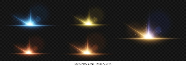 Conjunto de efectos de luz y bengalas, estrella, explosión, luz de neón y bengala. Ilustración vectorial