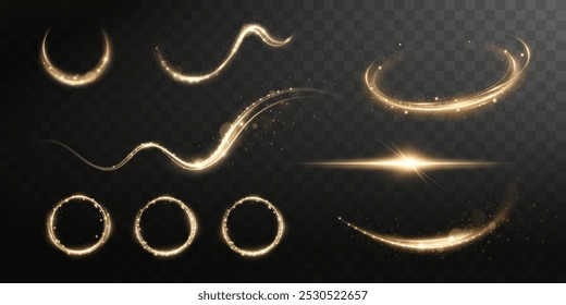Set of light effects. Flash of light, explosion, sparkle, dust, line, solar flare, spark and stars, horizontal lines, neon lines, speed lines.	