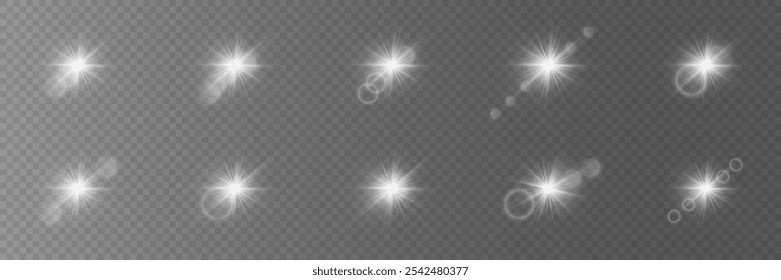 Conjunto de efeitos de luz e flashes. O efeito de estrelas brancas, luz cintilante e raios. Em um fundo transparente.