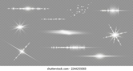  Set of light effects. Glare and flash. Bright beams of light. Glowing lines. Vector illustration.Dust. Christmas Flash.