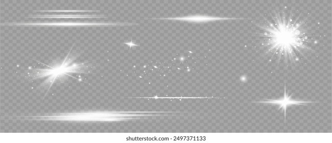  Set of light effects. Glare and flash. Bright beams of light. Glowing lines. Vector illustration.Dust. Christmas Flash.