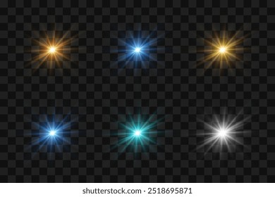 Set of light effects and glare. Flash of stars and rays. On a transparent background.