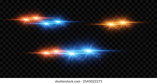 Conjunto de efeitos de luz e brilho, flash, estrela, linha. Em um fundo transparente.