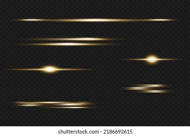 Set von Lichteffekten. Glut und Blitze. Helle Lichtstrahlen. Glühende Linien. Staub. Weihnachtsblitz.Goldene Farbvektorgrafik.