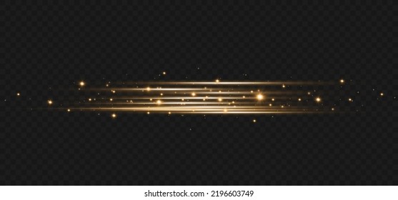 Set of light effects. Glare and flashes. Bright beams of light. Glowing lines. Dust. Christmas flash.Gold color vector illustration
