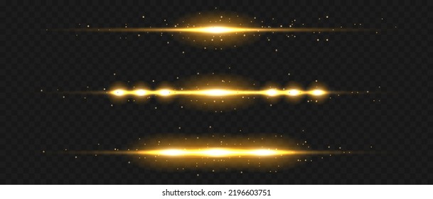 Set of light effects. Glare and flashes. Bright beams of light. Glowing lines. Dust. Christmas flash.Gold color vector illustration