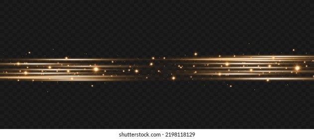 Set of light effects. Glare and flashes. Bright beams of light. Glowing lines. Dust. Christmas flash.Gold color vector illustration