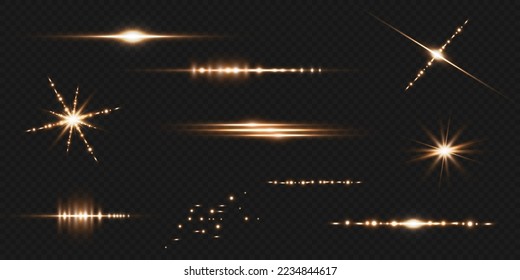 Set of light effects. Glare and flashes. Bright beams of light. Glowing lines. Dust. Christmas flash.Gold color vector illustration