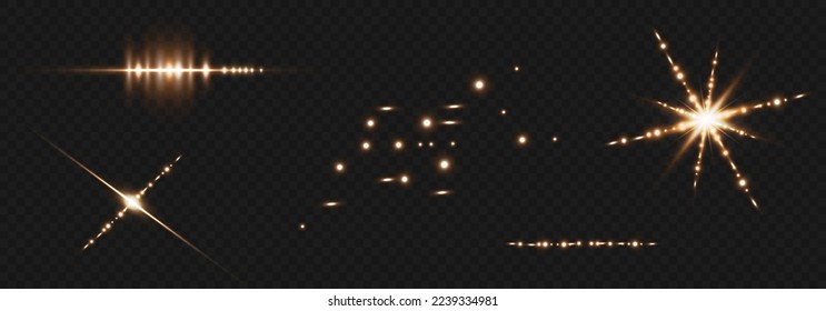 Set of light effects. Glare and flashes. Bright beams of light. Glowing lines. Dust. Christmas flash.Gold color vector illustration
