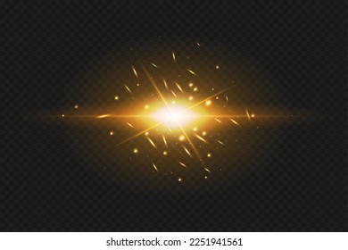 Set of light effects. Glare and flashes. Bright beams of light. Glowing lines. Dust. Christmas flash.Gold color vector illustration