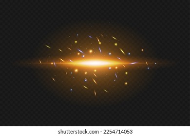 Set of light effects. Glare and flashes. Bright beams of light. Glowing lines. Dust. Christmas flash.Gold color vector illustration