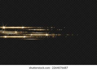 Set of light effects. Glare and flashes. Bright beams of light. Glowing lines. Dust. Christmas flash.Gold color vector illustration