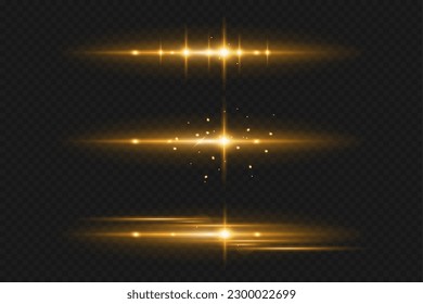 Set of light effects. Glare and flashes. Bright beams of light. Glowing lines. Dust. Christmas flash.Gold color vector illustration