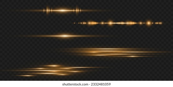 Set of light effects. Glare and flashes. Bright beams of light. Glowing lines. Dust. Christmas flash.Gold color vector illustration