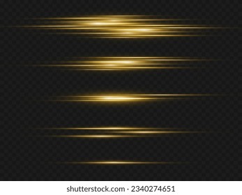 Set of light effects. Glare and flashes. Bright beams of light. Glowing lines. Dust. Christmas flash.Gold color vector illustration