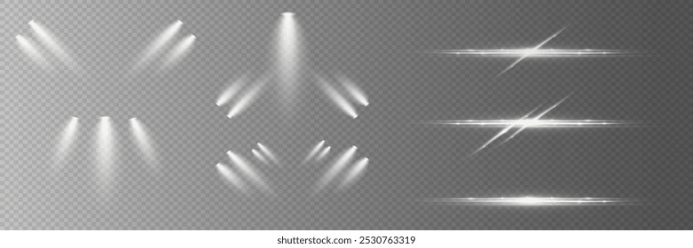 Set of light effects of glare and spotlights. Light neon light lines. On a transparent background.