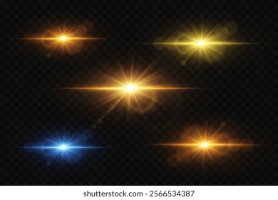 Set of light effects and glare. Star and lens flash. On a transparent background.