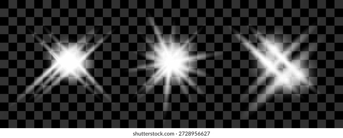 Un conjunto de efectos de luz con brillo, estallido estelar y efectos de destellos de lente en un fondo transparente para superposiciones decorativas. Vector.