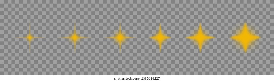 Set of light effects, glowing isolated set of sparkle star icons, shine icons, set of different yellow sparkles icons