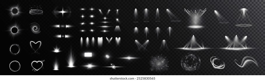 Set of light effects. Glowing isolated set of bright transparent light effects, glare, explosion, glitter, portal, line, sun flare, spark and stars, curve. Sunlight, abstract special effect. Vector	
