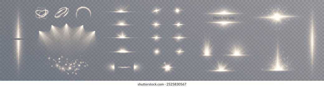 Conjunto de efectos de luz. Conjunto aislado brillante de efectos de luz transparente brillante, deslumbramiento, explosión, brillo, portal, línea, destello de sol, chispa y estrellas, curva. Luz del sol, efecto especial abstracto. Vector	