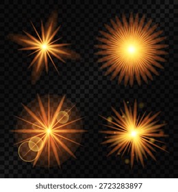 Conjunto de efectos de luz de oro brillante aislado sobre fondo transparente. Bengala solar con rayos y resplandor. Efecto de resplandor. Estrella estalló con brillantes destellos.