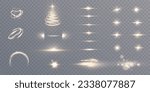 Set of light effects golden glowing light, spotlight, for greeting and Christmas illustrations isolated on transparent background. Solar flare with rays and glare. Glow effect. Vector