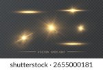 Set of light effects golden glowing light isolated on transparent background. Solar flare with rays and glare. Glow effect. Starburst with shimmering sparkles.	