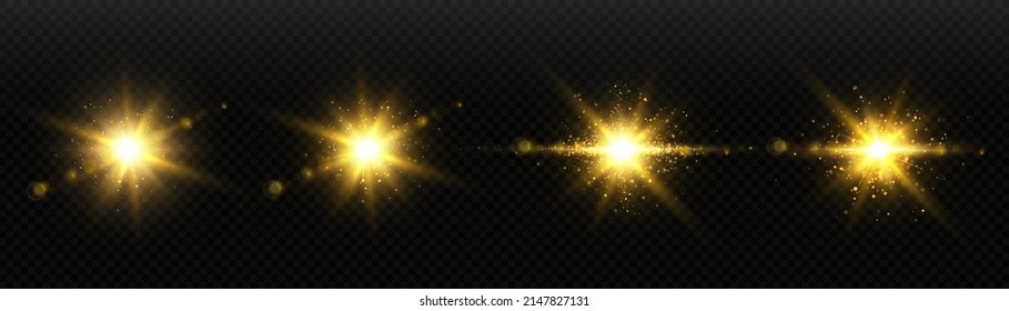 Set Of Light Effects Golden Glowing Light Isolated On Transparent Background. Solar Flare With Rays And Glare. Glow Effect. Starburst With Shimmering Sparkles.