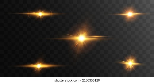 Set of light effects golden glowing light isolated on transparent background. Solar flare with rays and glare. Glow effect. Starburst with shimmering sparkles.	
