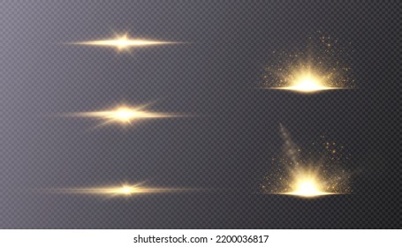 Conjunto de efectos luminosos de luz dorada aislados sobre un fondo transparente. La bengala solar con rayos y resplandor. Efecto brillante. Estallido de estrellas con brillantes brillantes.
