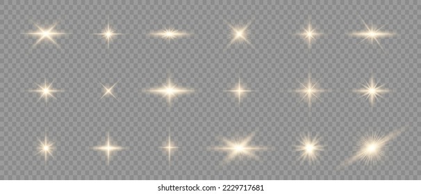 Set of light effects golden glowing light isolated on transparent background. Solar flare with rays and glare. Glow effect. Starburst with shimmering sparkles.