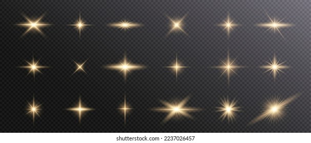 Set of light effects golden glowing light isolated on transparent background. Solar flare with rays and glare. Glow effect. Starburst with shimmering sparkles.	