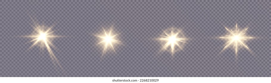 Set of light effects golden glowing light isolated on transparent background. Solar flare with rays and glare. Glow effect. Starburst with shimmering sparkles.