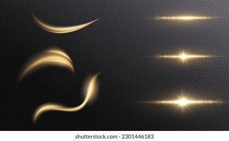 Set of light effects golden glowing light isolated on transparent background. Solar flare with rays and glare. Glow effect. Starburst with shimmering sparkles.	
