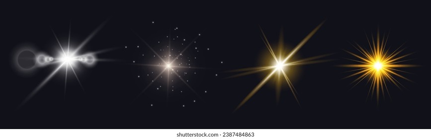 Set of light effects golden glowing light isolated on black background. Christmas abstract pattern. Sparkling magic dust particles