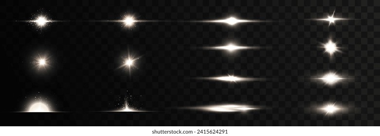 Set of light effects golden glowing light isolated on transparent background. Solar flare with rays and glare. Glow effect. Starburst with shimmering sparkles.	