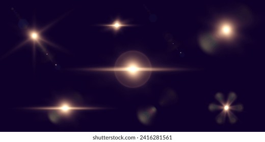 Set of light effects golden glowing light isolated on transparent background. Solar flare with rays and glare. Glow effect. Starburst with shimmering sparkles.	
