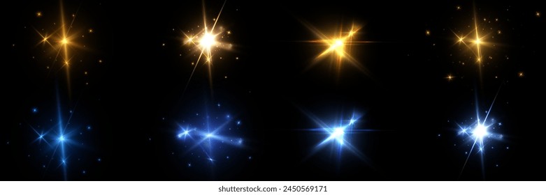 Set of light effects golden glowing light isolated on transparent background. Solar flare with rays and glare. Glow effect. Starburst with shimmering sparkles.	