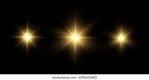 Set of light effects golden glowing light isolated on transparent background. 