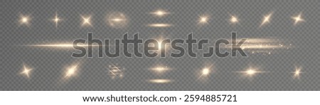 Set of light effects golden glowing light isolated on transparent background. Solar flare with rays and glare. Glow effect. Starburst with shimmering sparkles.	

