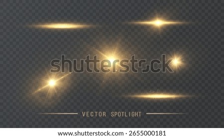 Set of light effects golden glowing light isolated on transparent background. Solar flare with rays and glare. Glow effect. Starburst with shimmering sparkles.	