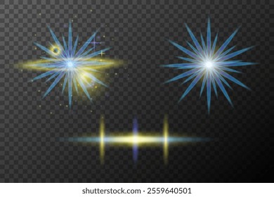 Set of light effects isolated flare explosion shiny line dust solar flare star spark neon light holidays festival, vector element blue yellow